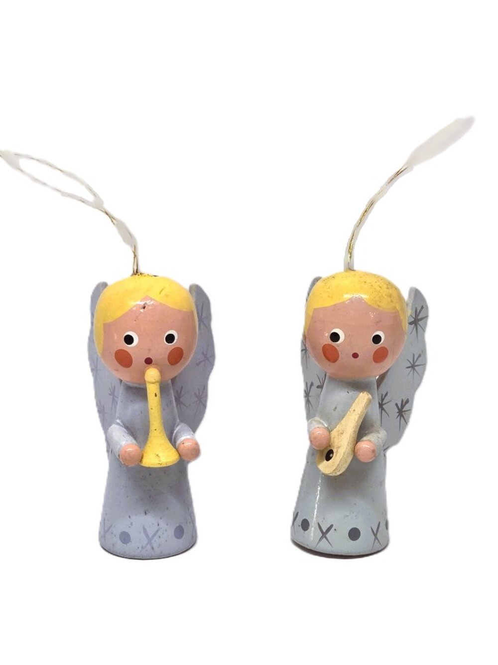 Vintage Taiwan Wood Angel Christmas Ornament Lot x2 Blond Horn Painted Set 3"
